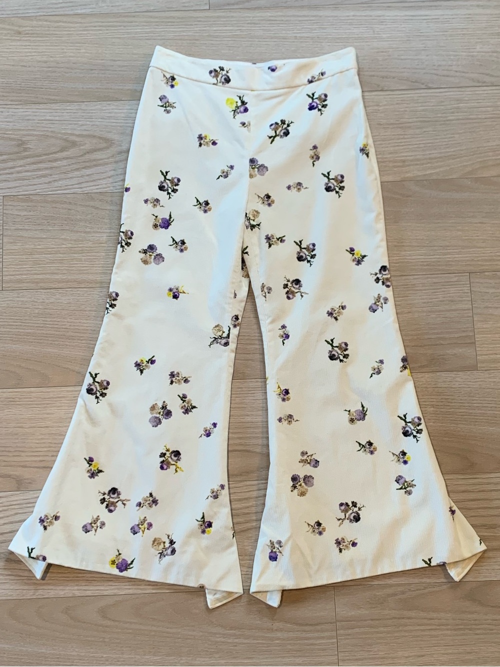 Tyme Floral Print Cotton Corduroy Cropped Flare Pant Ivory NWT Size 34 EU